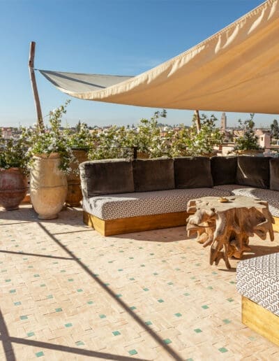 Recdi8 Living Interior Design - Marrakech Riad Restoration - Rooftop lounge with morning light